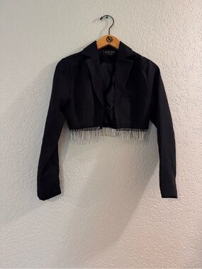 Cropped Black Blazer with Rhinestone Fringe
